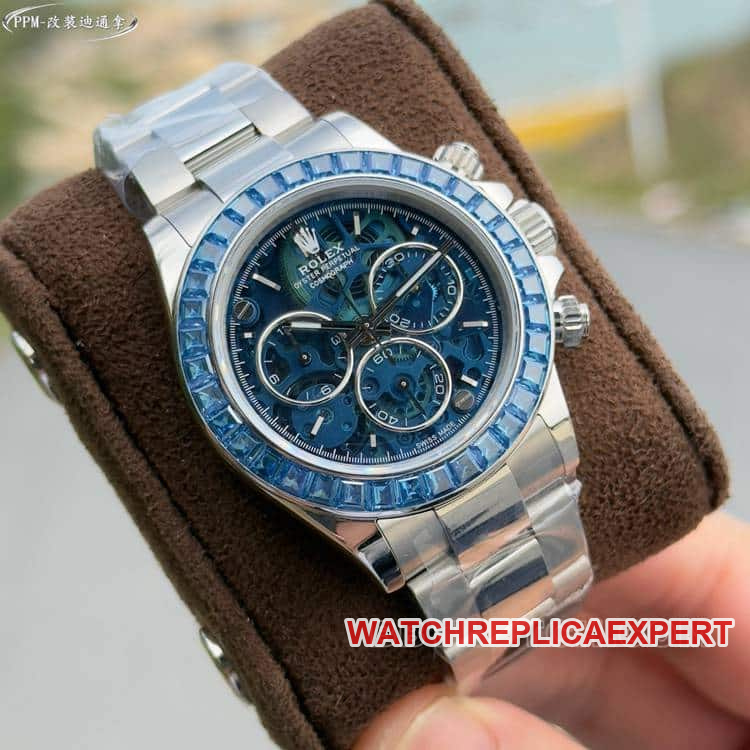 PPMRolexDaytonatop-tier blue hollow dialdiamond bezelsteel bracelet front live photo