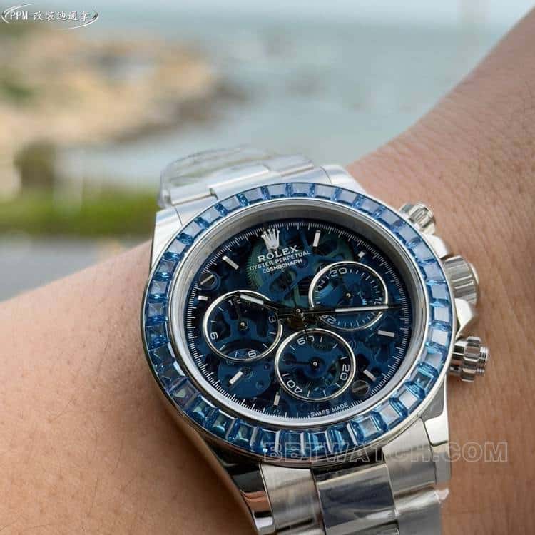 PPMRolexDaytonatop-tier blue hollow dialdiamond bezelsteel bracelet front live photo