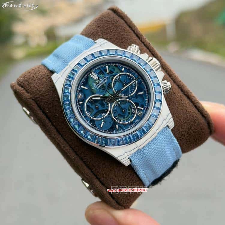 PPMRolexDaytona1:1super blue hollow dialdiamond bezelleather strap model front live photo