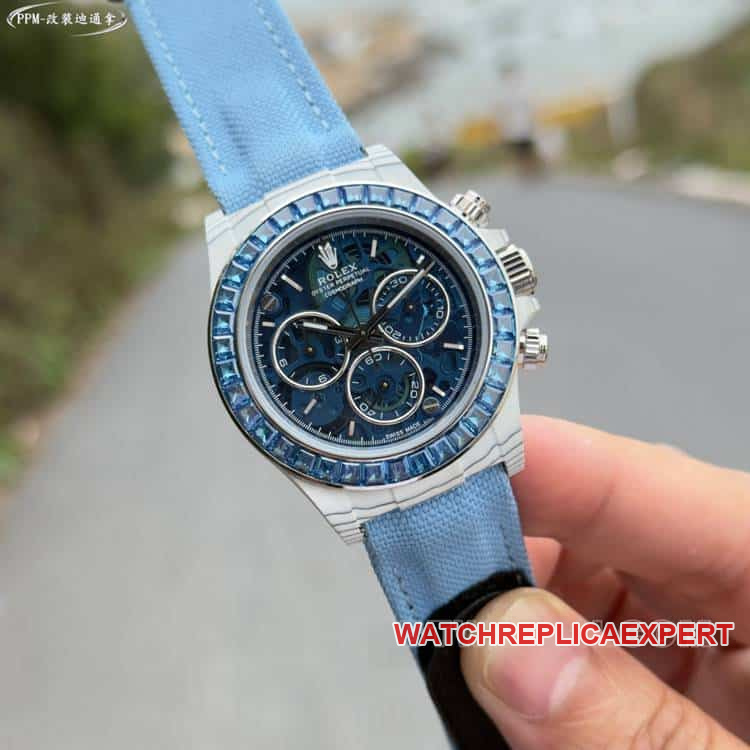 PPMRolexDaytona1:1super blue hollow dialdiamond bezelleather strap model front live photo