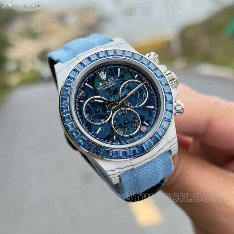 PPMRolexDaytona1:1super blue hollow dialdiamond bezelleather strap model front live photo