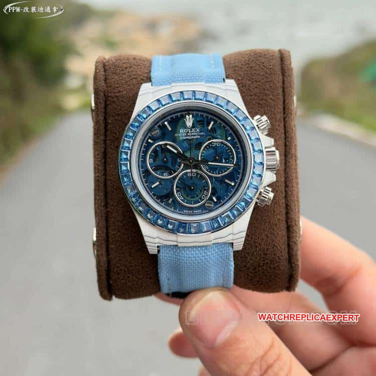 PPMRolexDaytona1:1super blue hollow dialdiamond bezelleather strap model front live photo