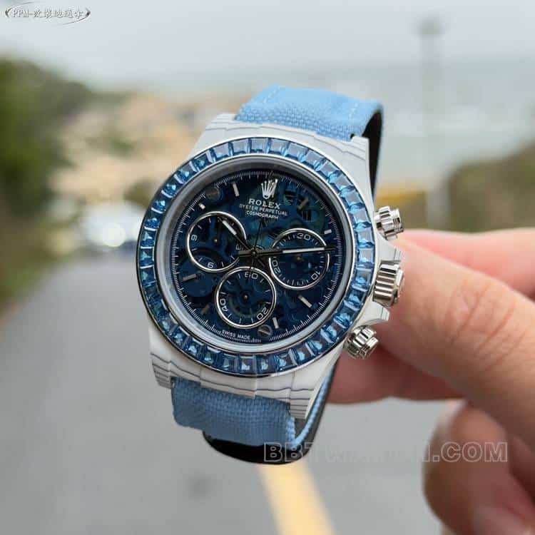 PPMRolexDaytona1:1super blue hollow dialdiamond bezelleather strap model front live photo