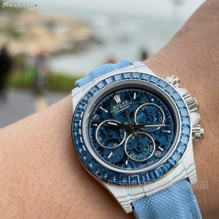 PPMRolexDaytona1:1super blue hollow dialdiamond bezelleather strap model front live photo
