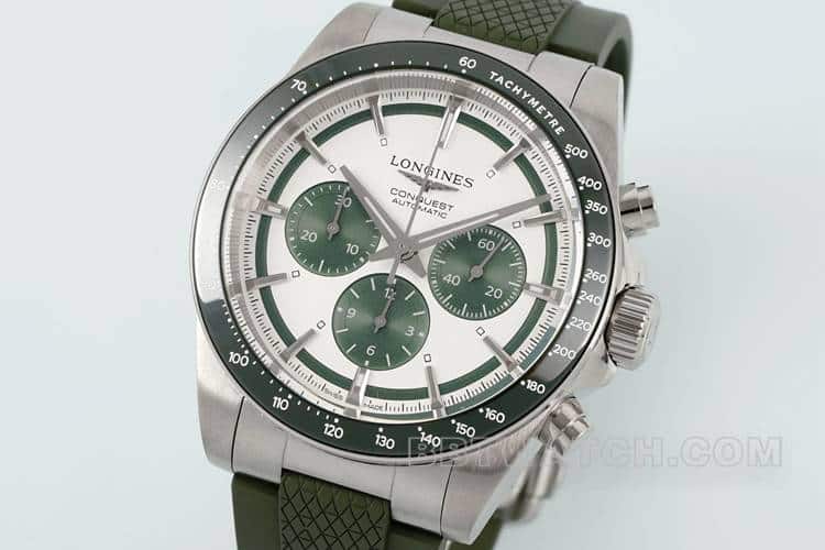 AF Longines Concast stop-tier silver gray dial green rubber model L3.835.4.02.9front live photo