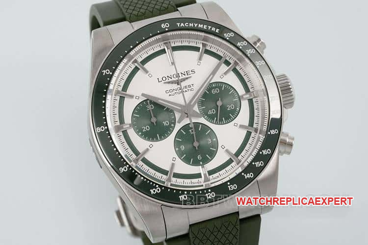 AF Longines Concast stop-tier silver gray dial green rubber model L3.835.4.02.9front live photo