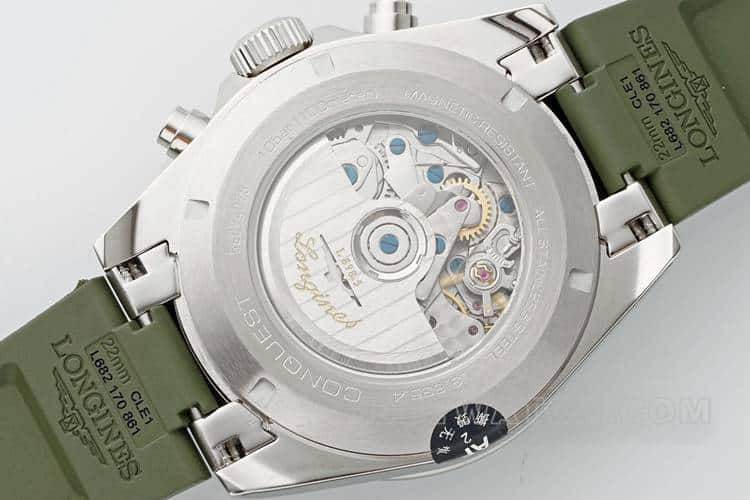AF Longines Concast stop-tier silver gray dial green rubber model L3.835.4.02.9caseback live photo