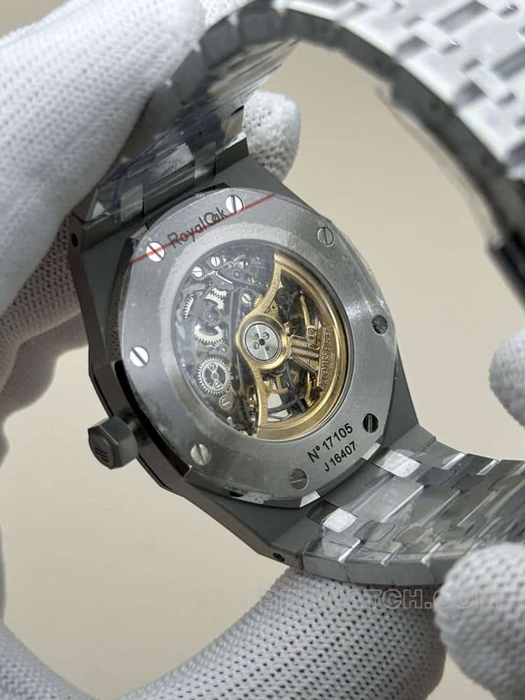 THBAudemars PiguetRoyal Oaktop-tier dark gray hollow plate steel bracelet model 15407caseback live photo