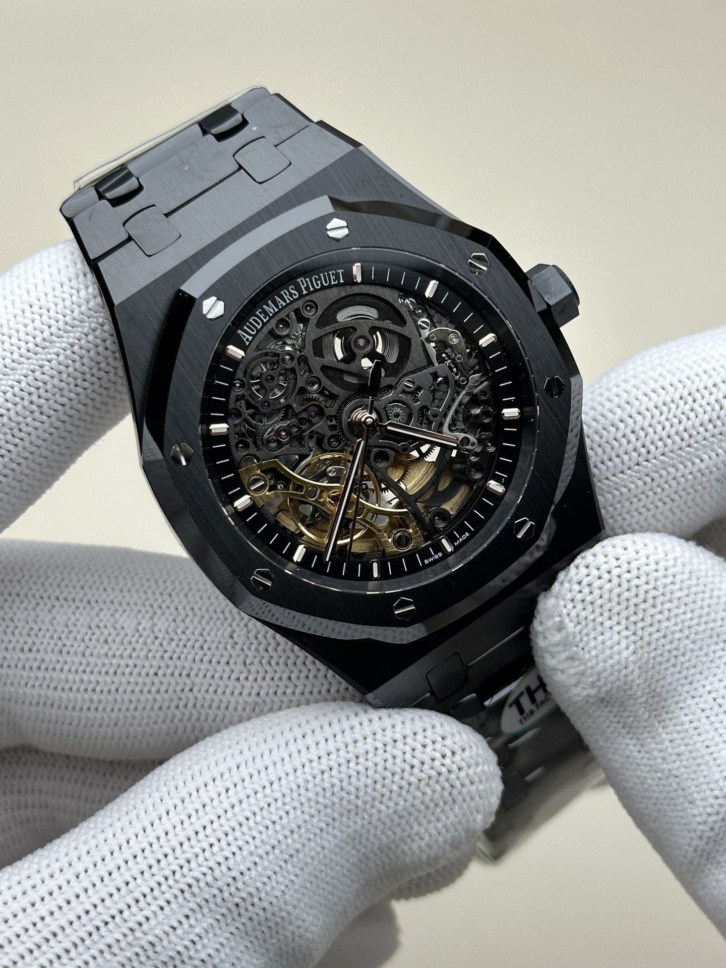 THBAudemars PiguetRoyal Oak1:1super black ceramic hollow plate steel bracelet model 15416front live photo
