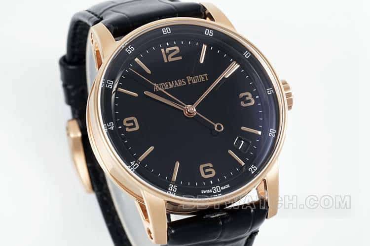 APSAudemars PiguetCODE1:1super cloneblack dialrose gold shell leather strap model 15210front live photo