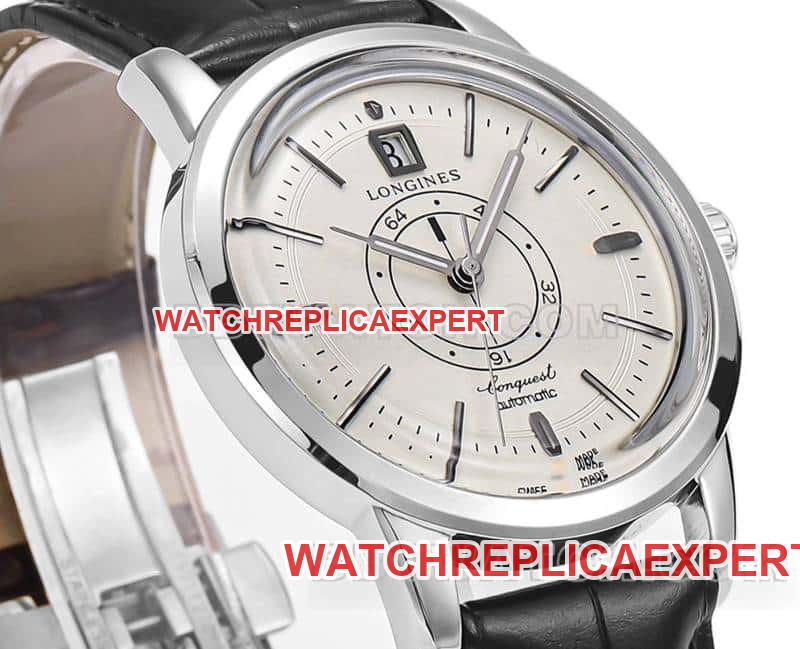 AD factory Longines classic replicatop-tier replicaguilloché dial silver hour markers leather strap model front live photo