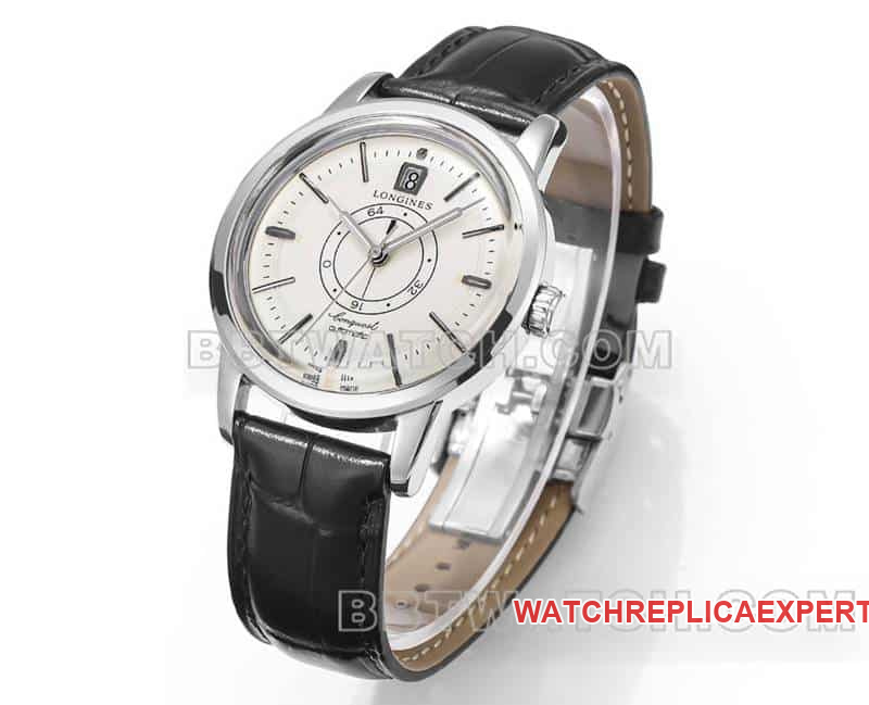 AD factory Longines classic replicatop-tier replicaguilloché dial silver hour markers leather strap model front live photo