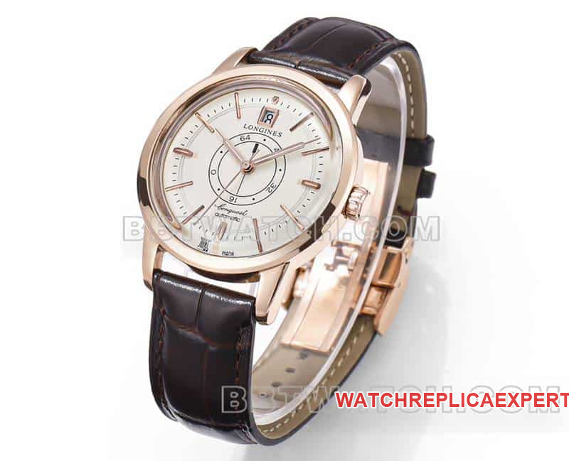 AD factory Longines classic replicatop-tier 1:1high-quality replicaguilloché dialrose goldleather strap model front live photo