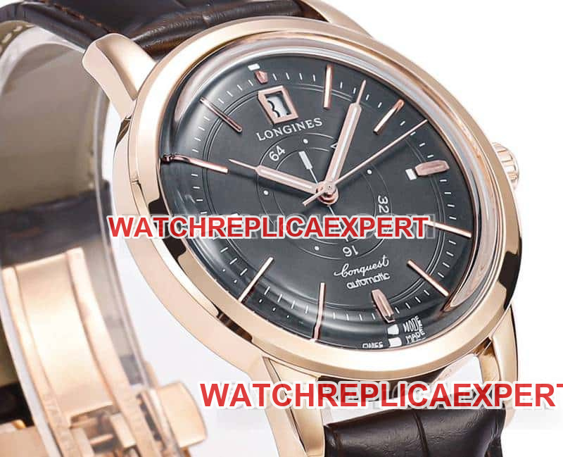 AD factory Longines classic replicatop-tier 1:1super carbon black dialrose goldleather strap front live photo