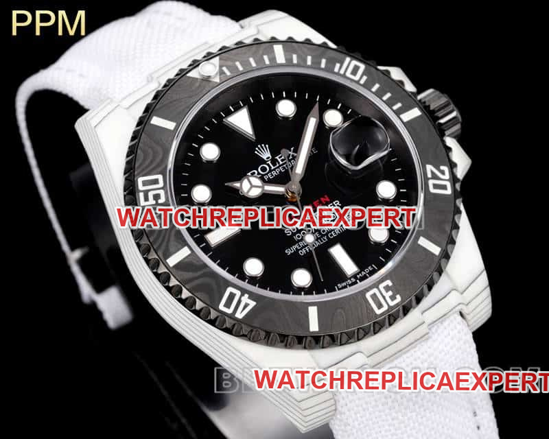 PPM factory Rolex Submariner top-tier replicablack dial carbon fiber 3135 white leather strap model front live photo