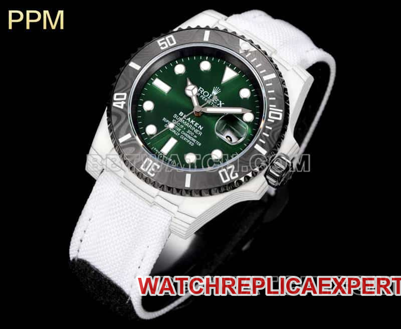 PPM factory RolexSubmariner1:1super clonegreen dial carbon fiber 3135 white leather strap front live photo