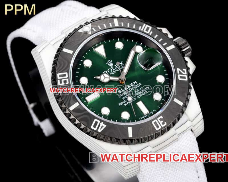 PPM factory RolexSubmariner1:1super clonegreen dial carbon fiber 3135 white leather strap front live photo