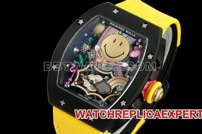 Richard Mille men's top-tier smiley tourbillon black shell yellow leather strap model RM 88front live photo