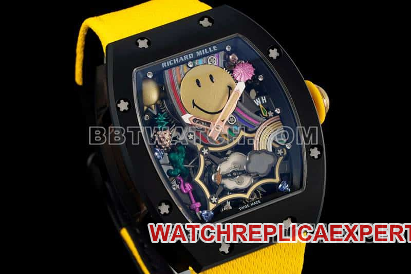 Richard Mille men's top-tier smiley tourbillon black shell yellow leather strap model RM 88front live photo