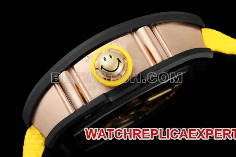 Richard Mille men's top-tier smiley tourbillon black shell yellow leather strap model RM 88side live photo