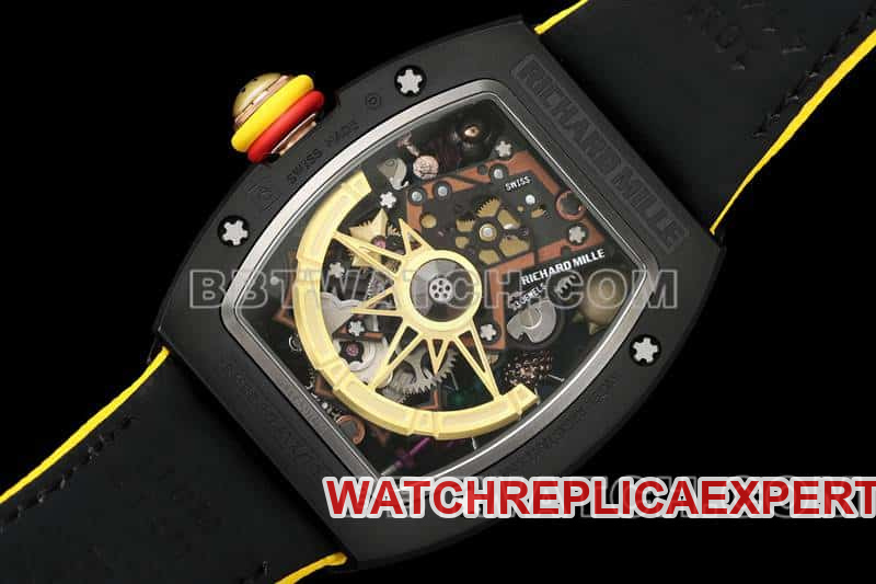 Richard Mille men's top-tier smiley tourbillon black shell yellow leather strap model RM 88caseback live photo
