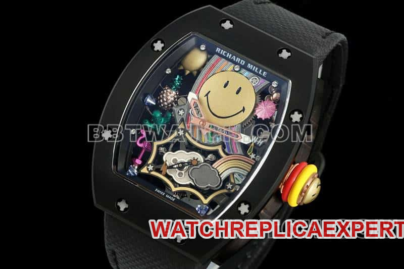 Richard Mille men's top-tier 1:1high-quality smiley tourbillon black shell black leather strap model RM 88front live photo
