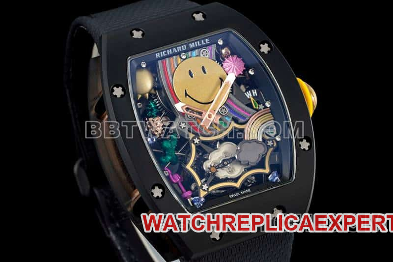 Richard Mille men's top-tier 1:1high-quality smiley tourbillon black shell black leather strap model RM 88front live photo