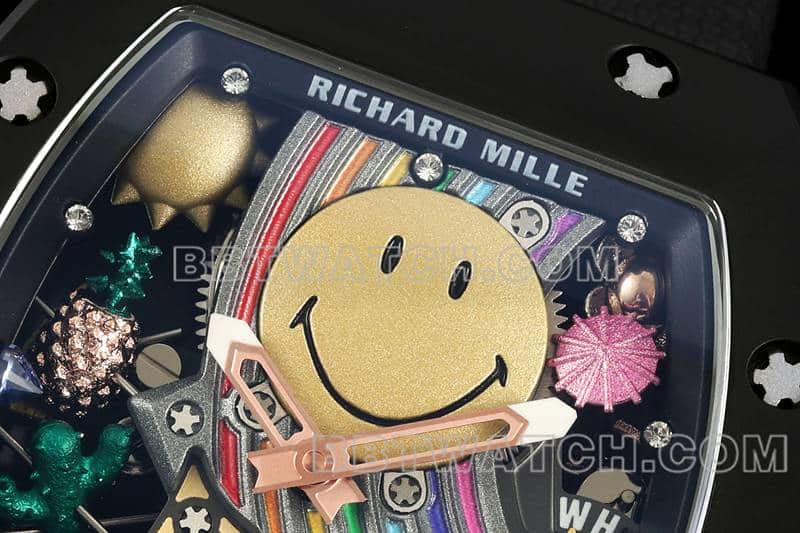 Richard Mille men's top-tier 1:1high-quality smiley tourbillon black shell black leather strap model RM 88front live photo