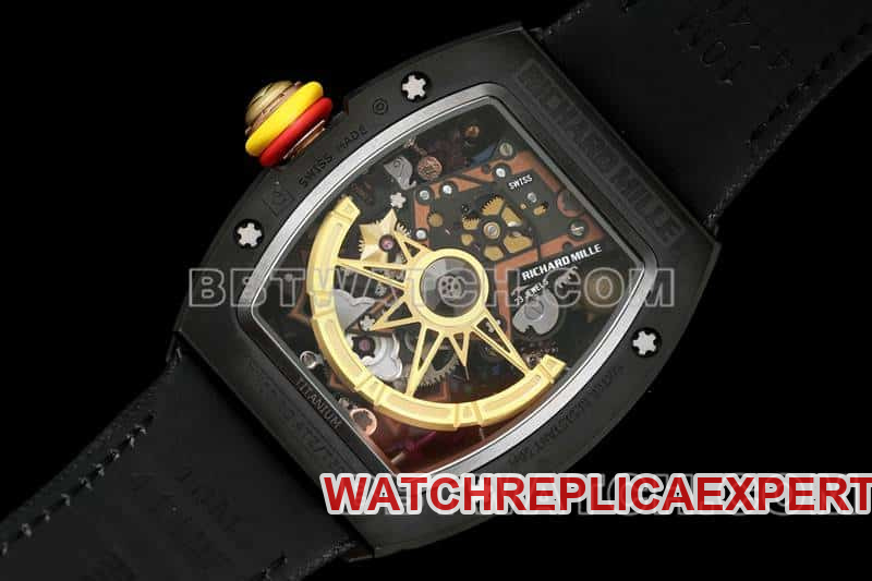 Richard Mille men's top-tier 1:1high-quality smiley tourbillon black shell black leather strap model RM 88caseback live photo