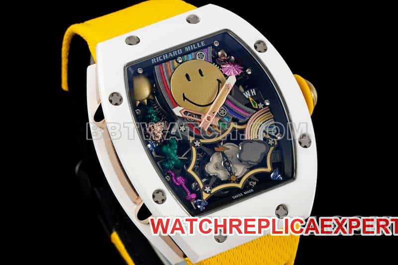 Richard Mille men's top-tier 1:1super smiley tourbillon white shell yellow leather strap model RM 88front live photo