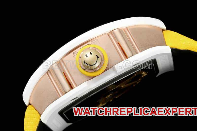 Richard Mille men's top-tier 1:1super smiley tourbillon white shell yellow leather strap model RM 88side live photo