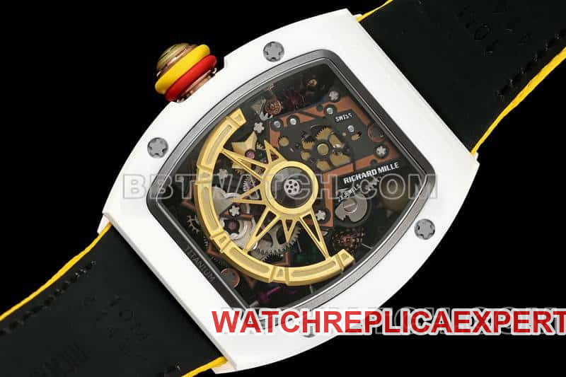 Richard Mille men's top-tier 1:1super smiley tourbillon white shell yellow leather strap model RM 88caseback live photo