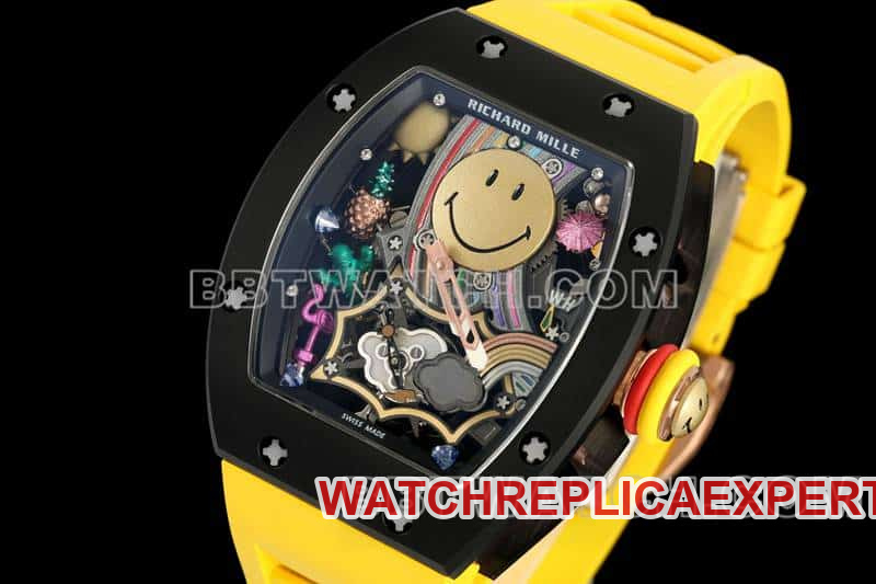 Richard Mille men's smiling face tourbillon black shell yellow rubber model RM 88front live photo