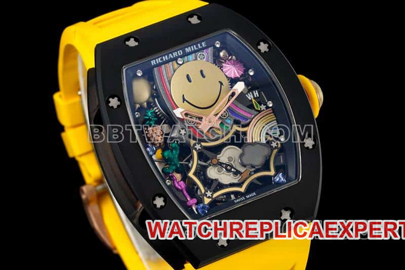 Richard Mille men's smiling face tourbillon black shell yellow rubber model RM 88front live photo