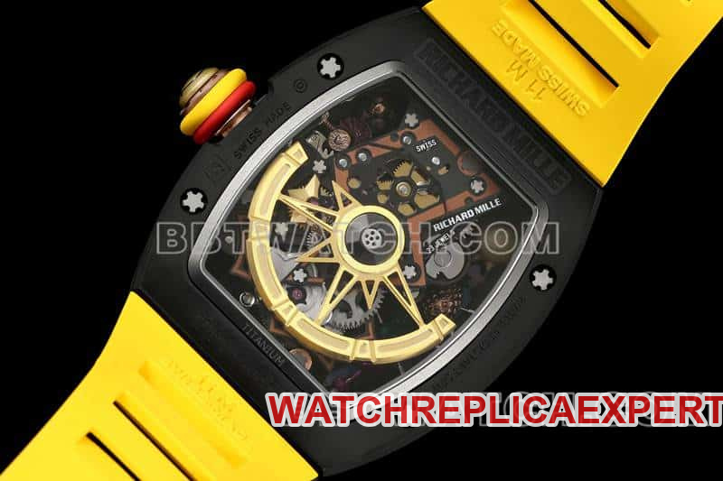 Richard Mille men's smiley tourbillon black shell yellow rubber RM 88caseback live photo