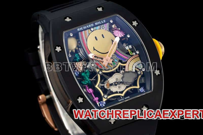 Richard Mille men's smiley tourbillon black shell black rubber RM 88front live photo