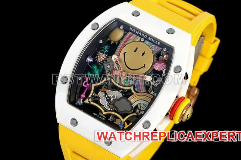 Richard Mille men's smiley tourbillon white shell yellow rubber RM 88front live photo