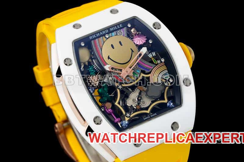 Richard Mille men's smiley tourbillon white shell yellow rubber RM 88front live photo