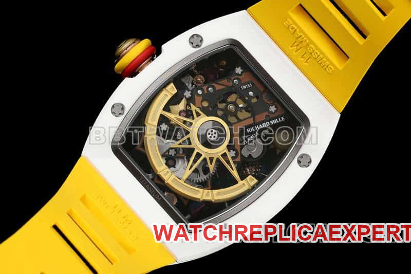 Richard Mille men's smiley tourbillon white shell yellow rubber RM 88caseback live photo