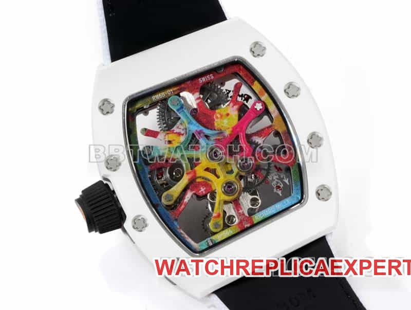 Richard Mille men's top-tier 1:1super graffiti tourbillon white leather RM 68-01caseback live photo
