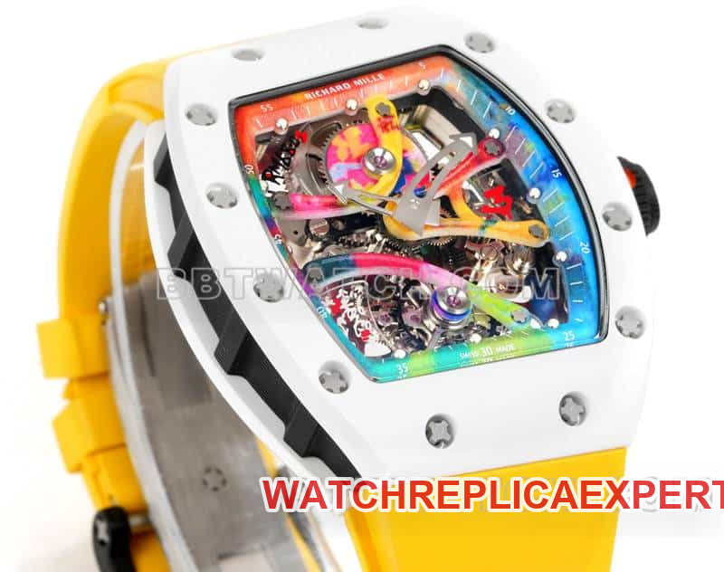 Richard Mille men's top-tier graffiti tourbillon yellow rubber model RM 68-01front live photo