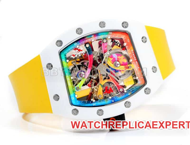 Richard Mille men's top-tier graffiti tourbillon yellow rubber model RM 68-01front live photo