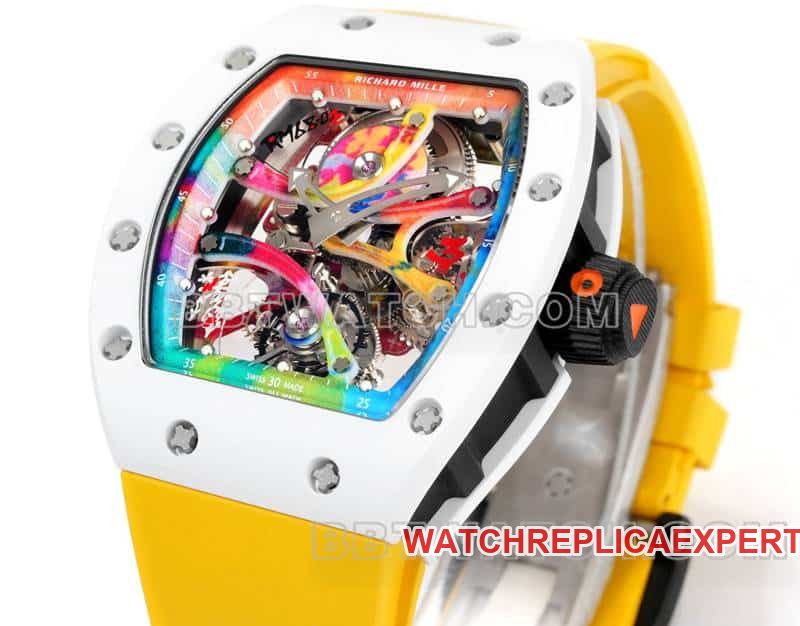 Richard Mille men's top-tier graffiti tourbillon yellow rubber model RM 68-01front live photo
