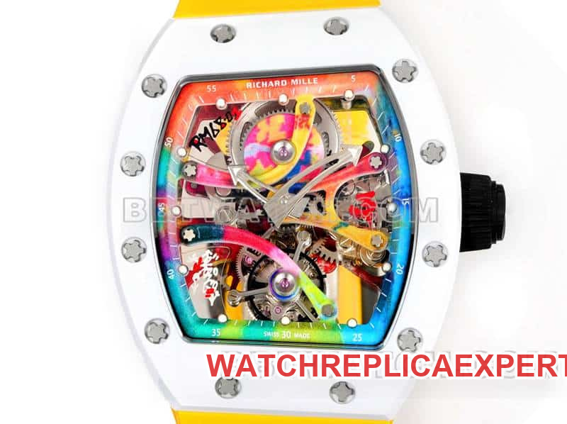 Richard Mille men's top-tier graffiti tourbillon yellow rubber model RM 68-01front live photo
