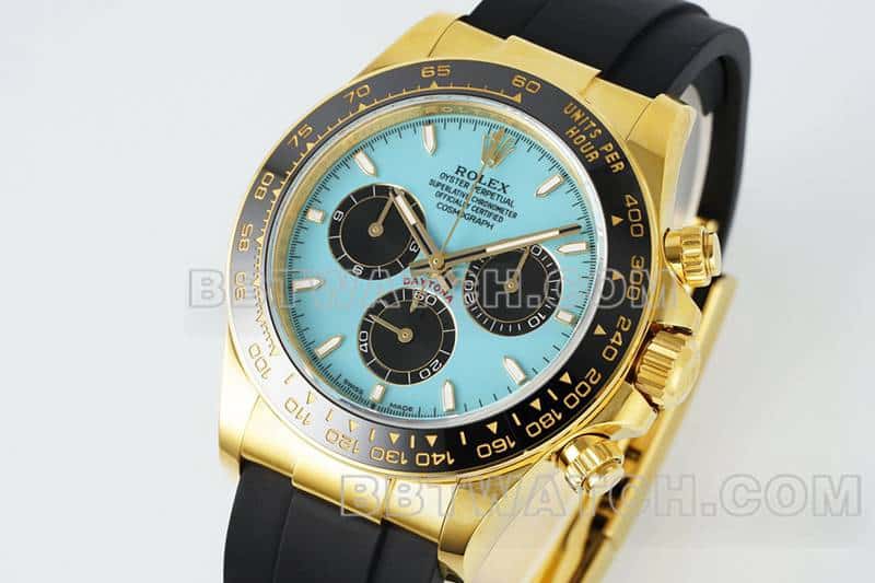 APS factory RolexDaytona1:1super cloneblue dialyellow gold shell rubber model 126518front live photo