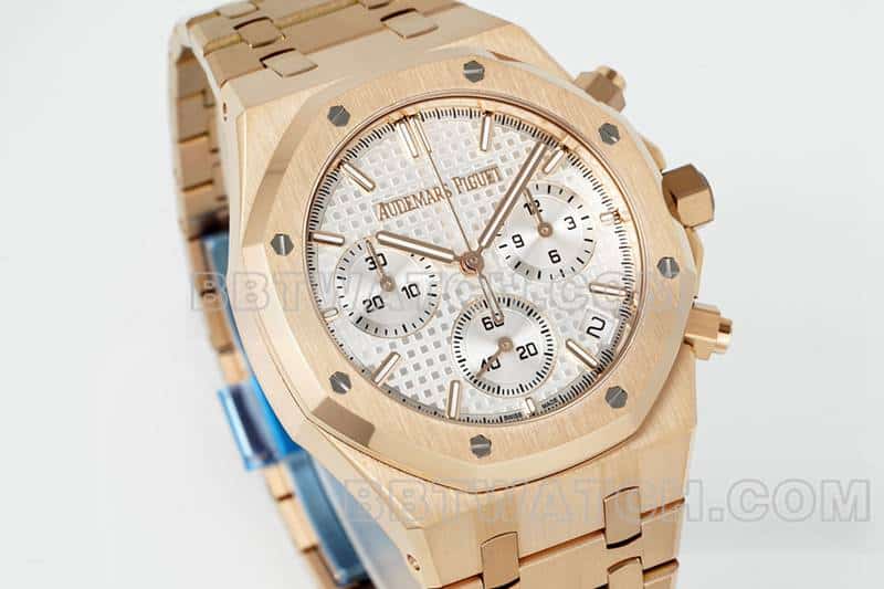 APS factory Audemars PiguetRoyal Oak1:1top-tier replicawhite dialchronographrose gold26240front live photo
