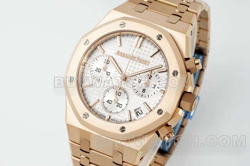 APS factory Audemars PiguetRoyal Oak1:1top-tier replicawhite dialchronographrose gold26240front live photo