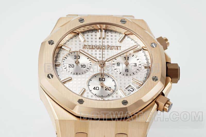 APS factory Audemars PiguetRoyal Oak1:1top-tier replicawhite dialchronographrose gold26240front live photo