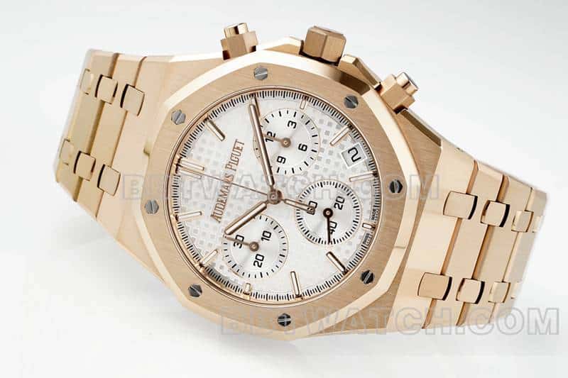 APS factory Audemars PiguetRoyal Oak1:1top-tier replicawhite dialchronographrose gold26240front live photo