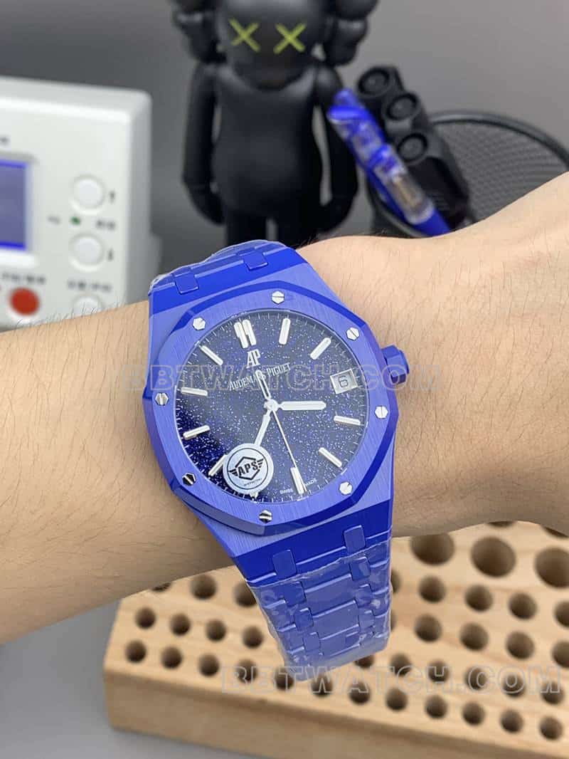 APS factory Audemars PiguetRoyal Oaktop-tier 1:1high-quality starry sky disk blue ceramic15500 wearing live photos